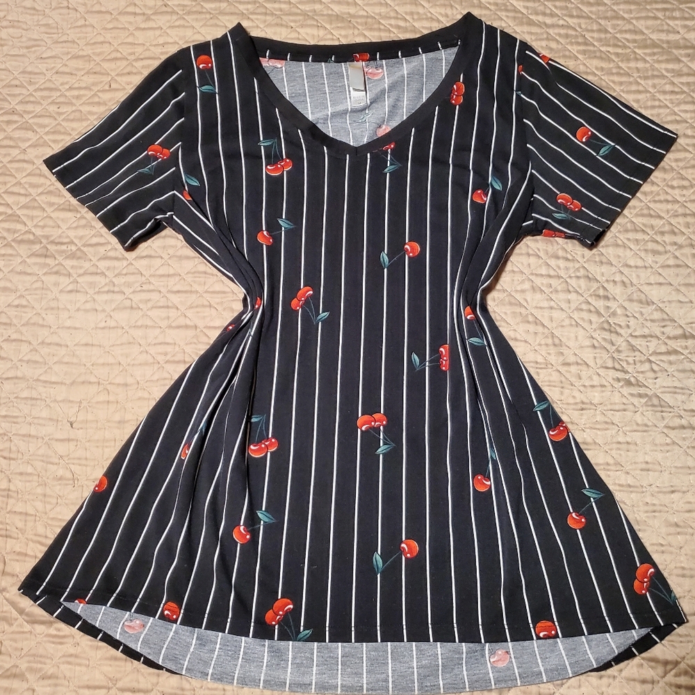 Black Striped with Cherry Print LULAROE perfect T medium HIGH LOW